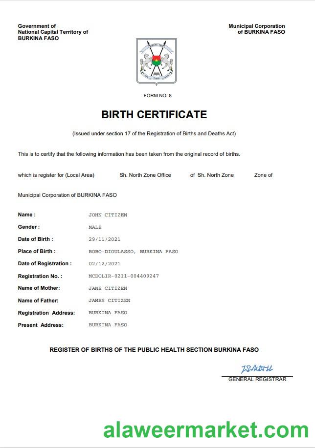 Burkina Faso birth certificate Word and PDF template